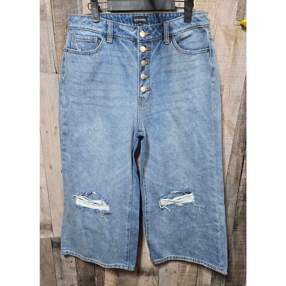 Poison Mushroom Distressed Ultra Wide Leg Crop Button Fly Gaucho Jeans 30